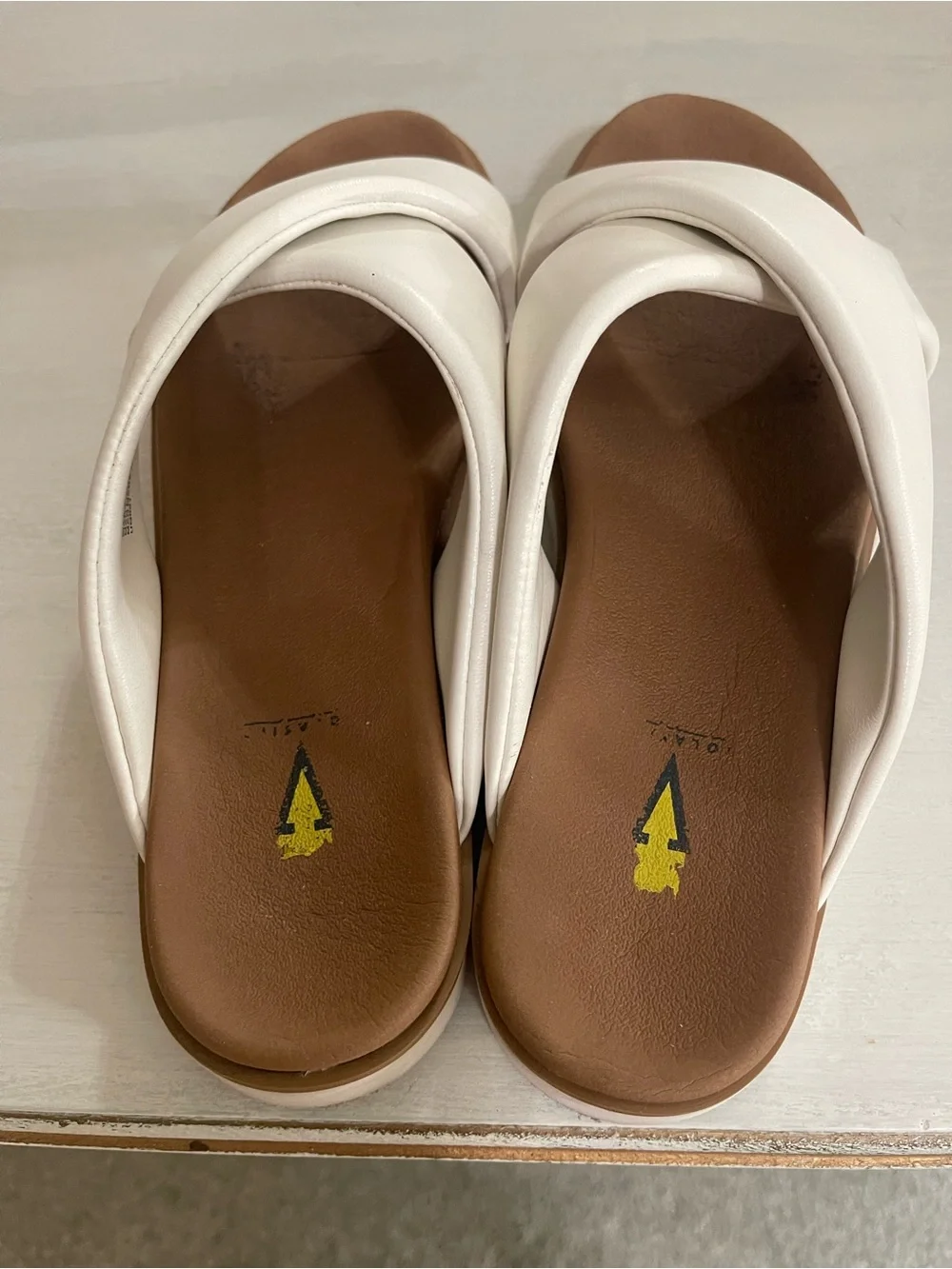Volatile White Crossband Slide Sandals with Brown Footbed